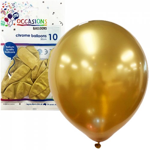 Chrome Gold Latex Balloons 30cm (12") 10pk - Party Owls