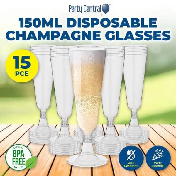Clear Plastic Champagne Glasses 150ml 15pk Drinkware - Party Owls