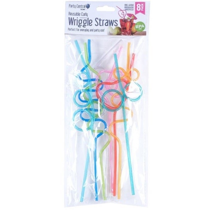 Crazy Curly Wriggle Straws 8pk 26cm x 5mm Assorted - Party Owls