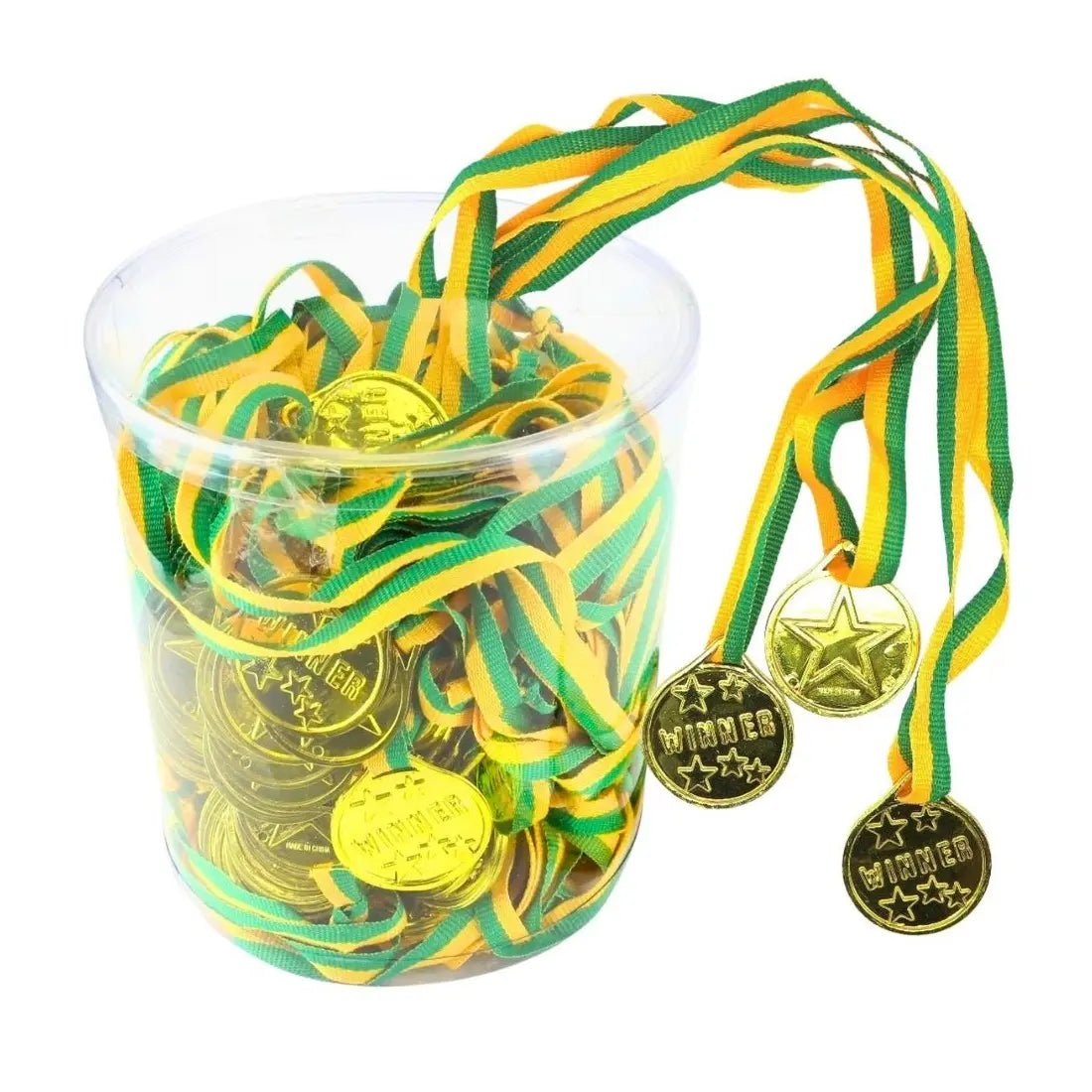 Gold Winner Medals With Green & Gold Ribbon 100pk - Party Owls
