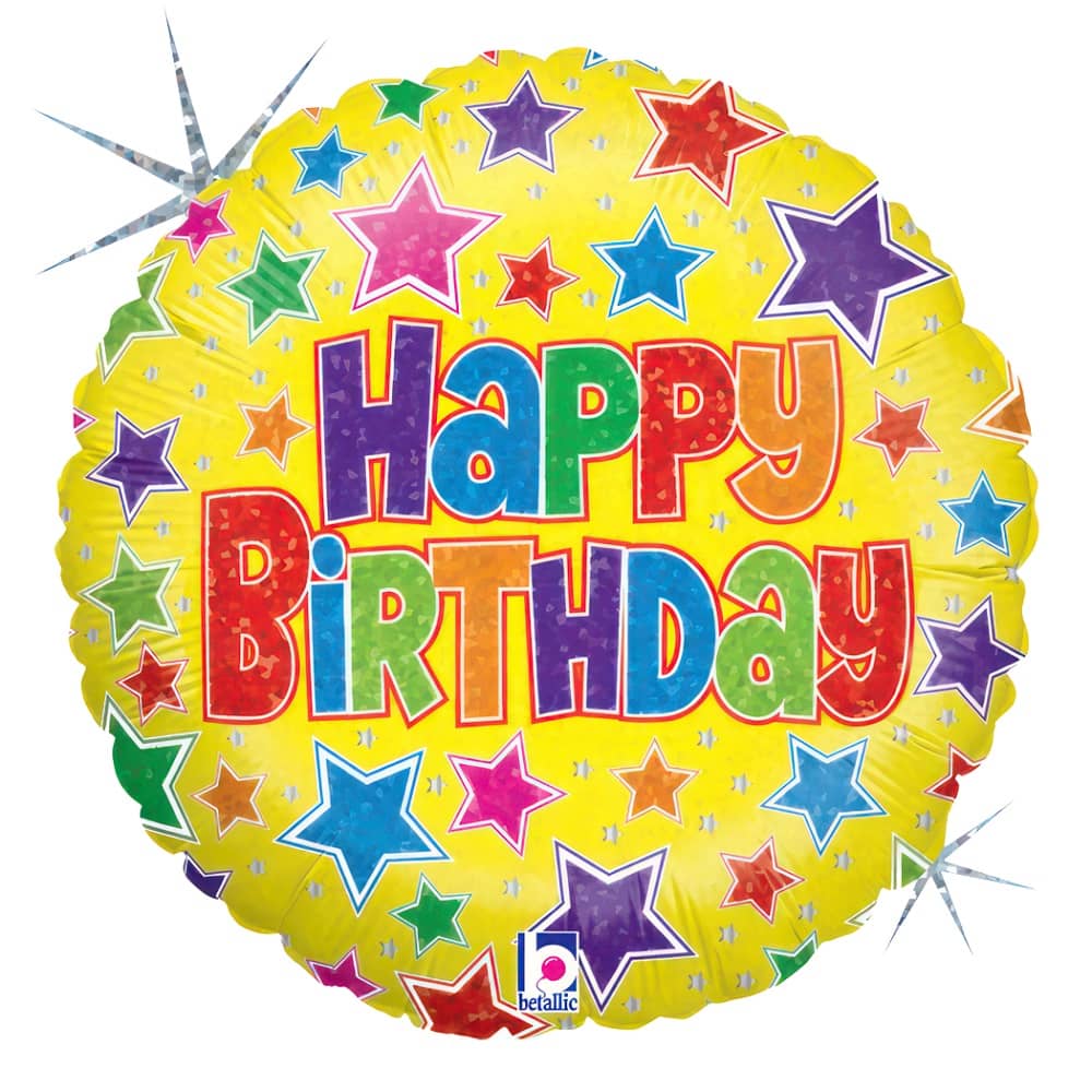 Happy Birthday Holographic Foil Balloon 45cm (18") Bold Stars - Party Owls