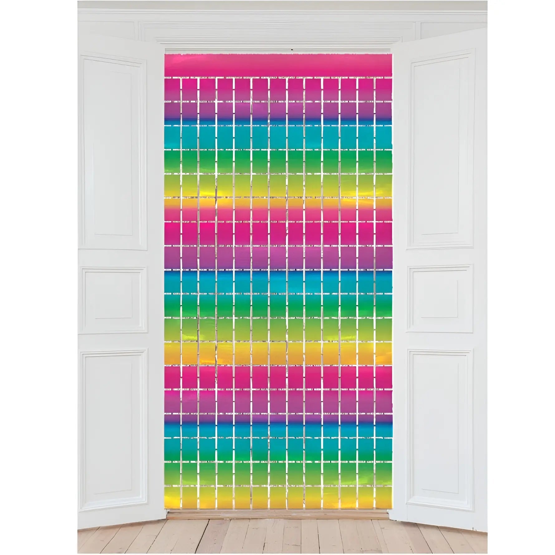 Metallic Rainbow Foil Square Curtain 90cm x 2m Backdrop - Party Owls