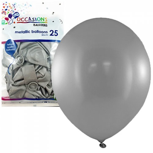 Metallic Silver Latex Balloons 30cm (12") 25pk - Party Owls