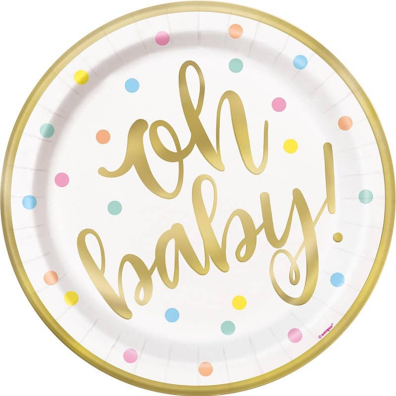 Oh Baby Gold Foil Stamped Large Paper Plates 23cm (9") 8pk - Party Owls
