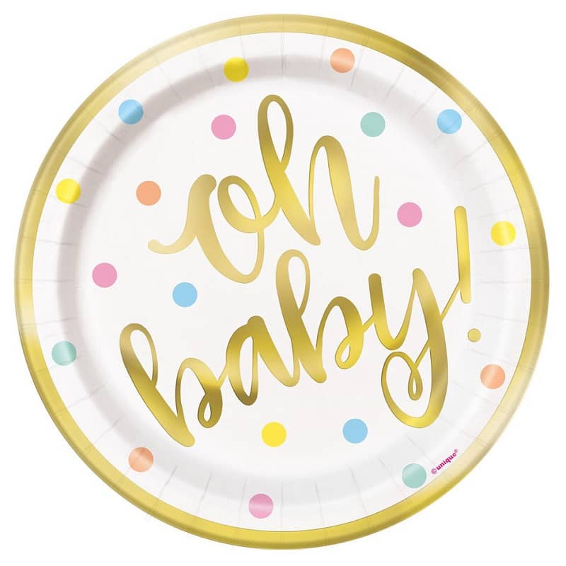 Oh Baby Gold Foil Stamped Small Paper Plates 18cm (7") 8pk - Party Owls