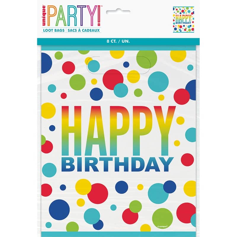 Rainbow Spots Happy Birthday Plastic Party Bags 8pk - Party Owls