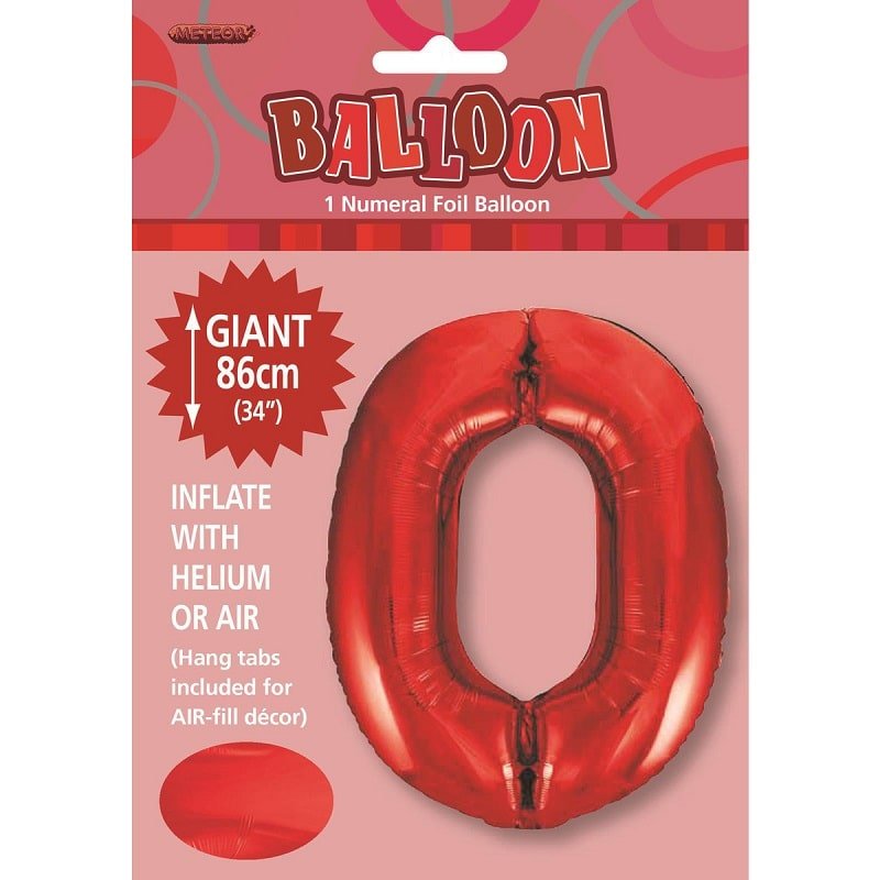 Red Number 0 Giant Numeral Foil Balloon 86cm (34") - Party Owls
