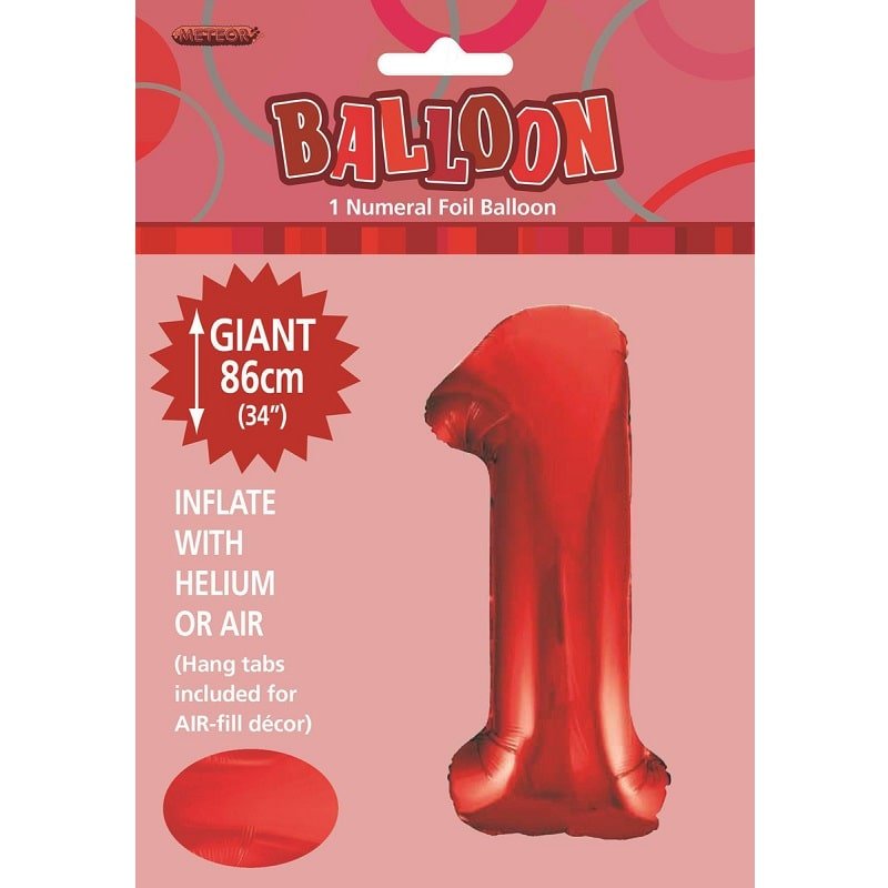 Red Number 1 Giant Numeral Foil Balloon 86cm (34") - Party Owls