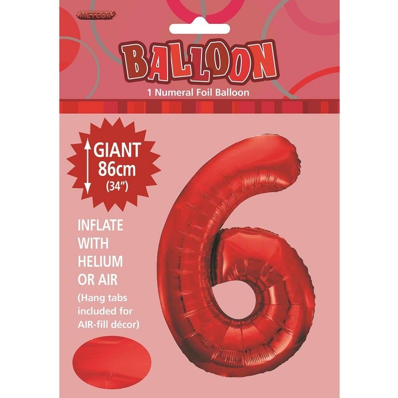 Red Number 6 Giant Numeral Foil Balloon 86cm (34") - Party Owls