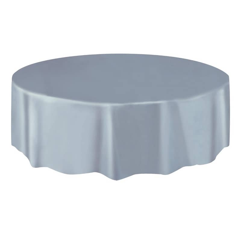 Silver Solid Colour Round Plastic Table Cover 213cm (84") - Party Owls