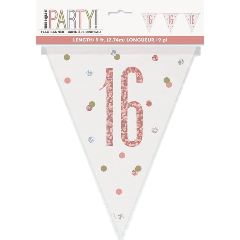 16th Birthday Foil Bunting Flag Banner 2.74M Rose Gold Prismatic 84837 - Party Owls