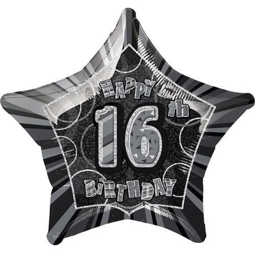 Glitz Black And Silver 16th Birthday Star Shape Foil Balloon 50cm (20") 55143 - Party Owls