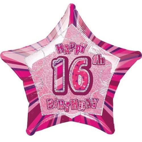 Glitz Pink And Silver 16th Birthday Star Shape Foil Balloon 50cm (20") 55103 - Party Owls