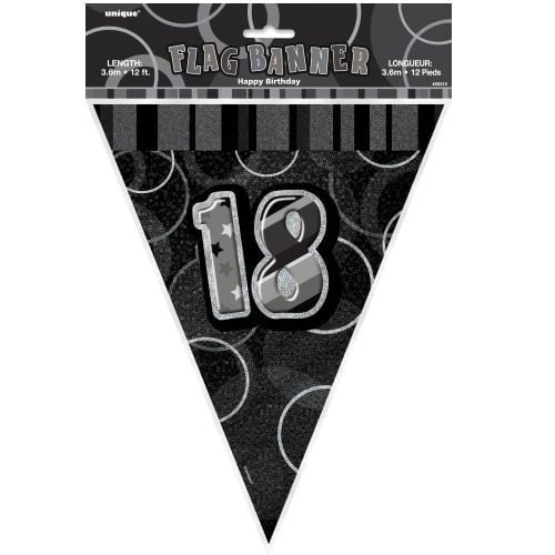 Glitz Black And Silver 18th Birthday Bunting Flag Banner 3.6M (12') 55312 - Party Owls