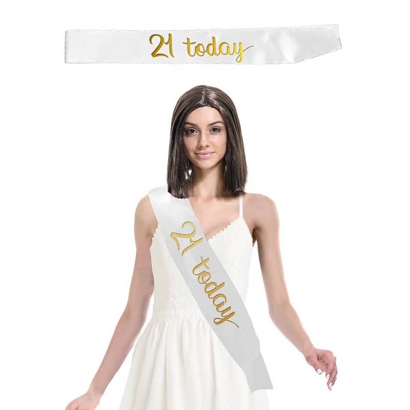 21 Today" 21st Birthday White Gold Satin Sash - Party Owls 21 Today" 21st Birthday White Gold Satin Sash - Party Owls