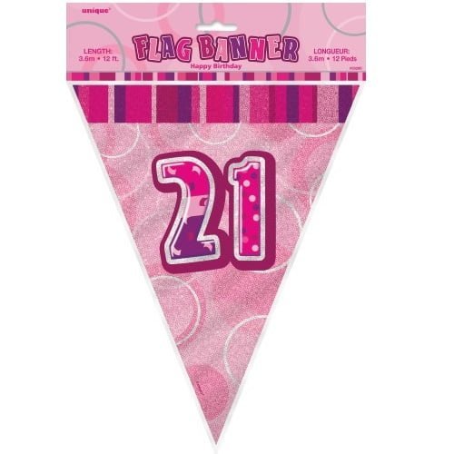 Glitz Pink And Silver 21st Birthday Bunting Flag Banner 3.6M (12') 55293 - Party Owls