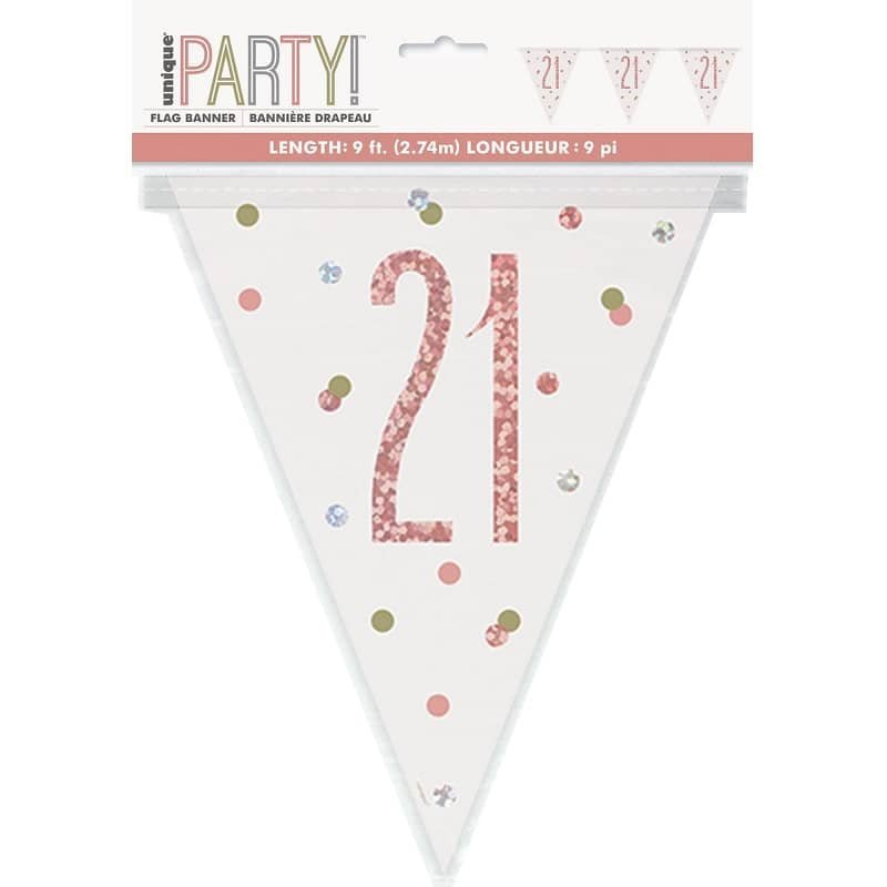 Rose Gold 21st Birthday Prismatic Foil Bunting Flag Banner 2.74M(9') 84839 - Party Owls