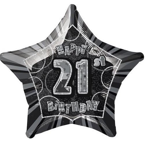 Glitz Black And Silver 21st Birthday Star Shape Foil Balloon 50CM (20") - Party Owls