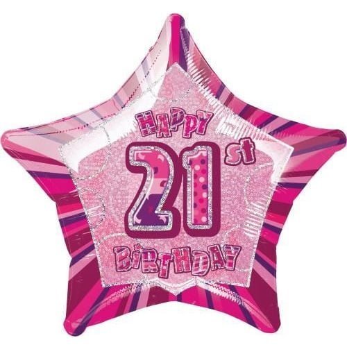 Glitz Pink And Silver 21st Birthday Star Shape Foil Balloon 50CM (20") - Party Owls