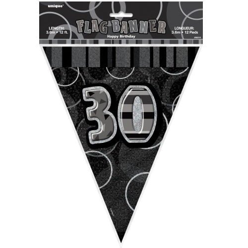 Glitz Black And Silver 30th Birthday Bunting Flag Banner 3.6M (12') 55314 - Party Owls