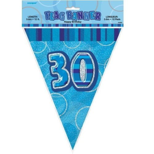 Glitz Blue And Silver 30th Birthday Bunting Flag Banner 3.6m (12') 55304 - Party Owls