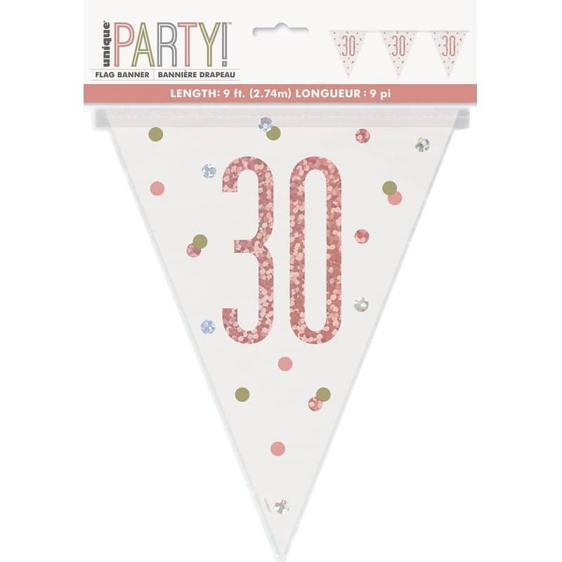 Rose Gold 30th Birthday Prismatic Foil Bunting Flag Banner 2.74M(9') 84840 - Party Owls
