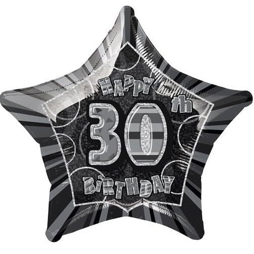 Glitz Black And Silver 30th Birthday Star Shape Foil Balloon 50cm (20") 55149 - Party Owls