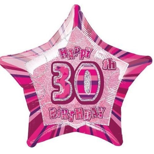 Glitz Pink And Silver 30th Birthday Star Shape Foil Balloon 50cm (20") 55109 - Party Owls