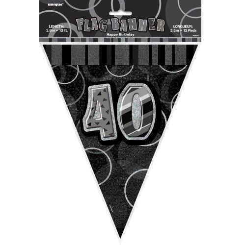 Glitz Black And Silver 40th Birthday Bunting Flag Banner 3.6M (12') 55315 - Party Owls