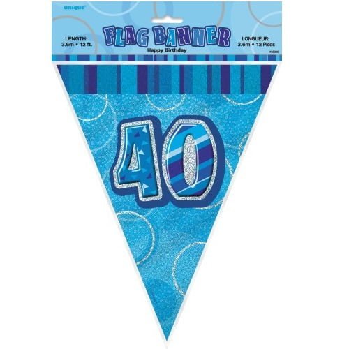 Glitz Blue And Silver 40th Birthday Bunting Flag Banner 3.6m (12') 55305 - Party Owls
