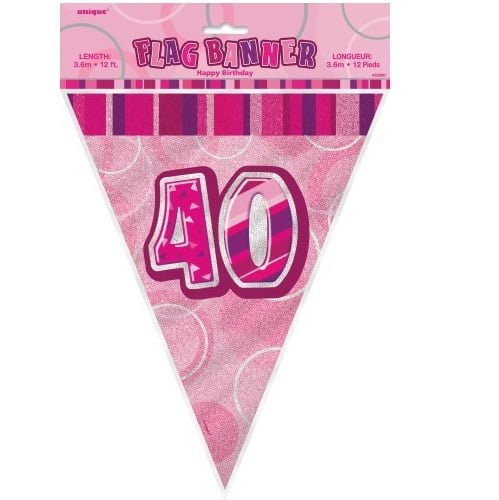 Glitz Pink And Silver 40th Birthday Bunting Flag Banner 3.6M (12') 55295 - Party Owls