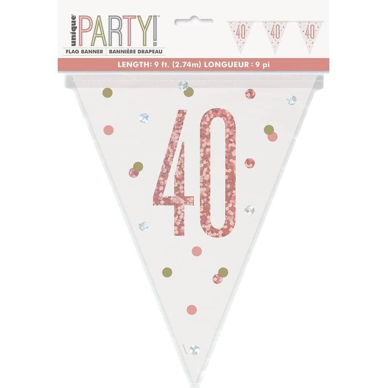 Rose Gold 40th Birthday Prismatic Foil Bunting Flag Banner 2.74M(9') 84841 - Party Owls