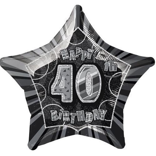 Glitz Black And Silver 40th Birthday Star Shape Foil Balloon 50cm (20") 55151 - Party Owls