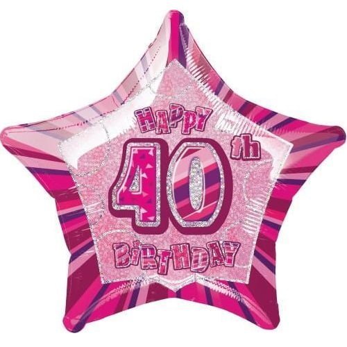 Glitz Pink And Silver 40th Birthday Star Shape Foil Balloon 50cm (20") 55111 - Party Owls