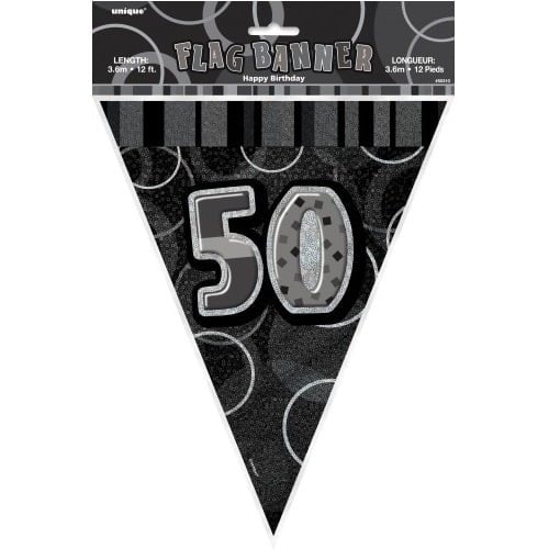 Glitz Black And Silver 50th Birthday Bunting Flag Banner 3.6M (12') 55316 - Party Owls