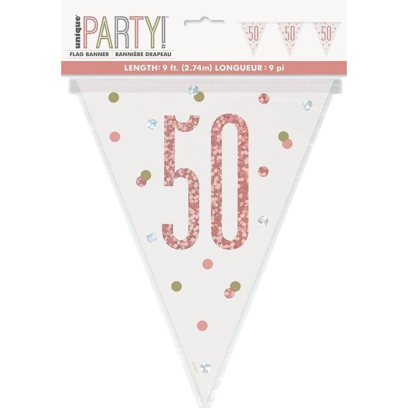 Rose Gold 50th Birthday Prismatic Foil Bunting Flag Banner 2.74M(9') 84842 - Party Owls