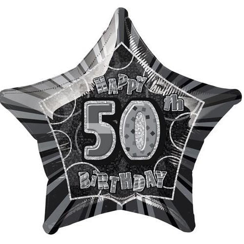 Glitz Black And Silver 50th Birthday Star Shape Foil Balloon 50cm (20") 55153 - Party Owls
