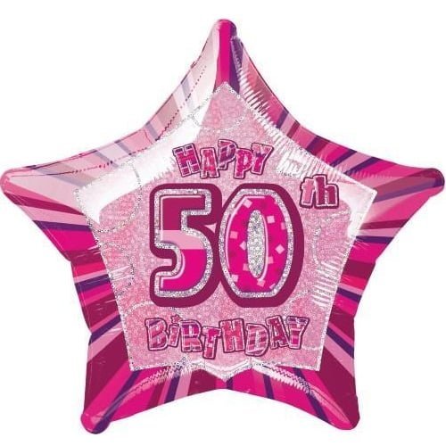 Glitz Pink And Silver 50th Birthday Star Shape Foil Balloon 50cm (20") 55113 - Party Owls