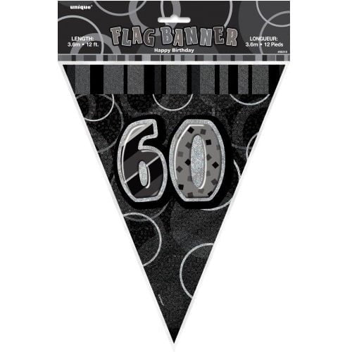60th Birthday Bunting Flag Banner 3.6m Glitz Black Silver 55317 - Party Owls