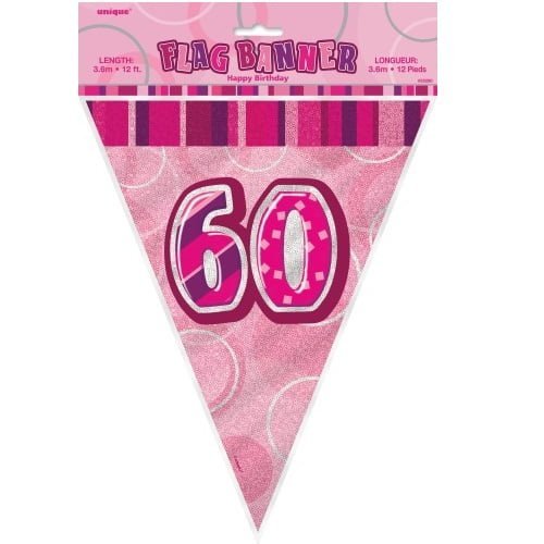 Glitz Pink And Silver 60th Birthday Bunting Flag Banner 3.6M (12') 55297 - Party Owls