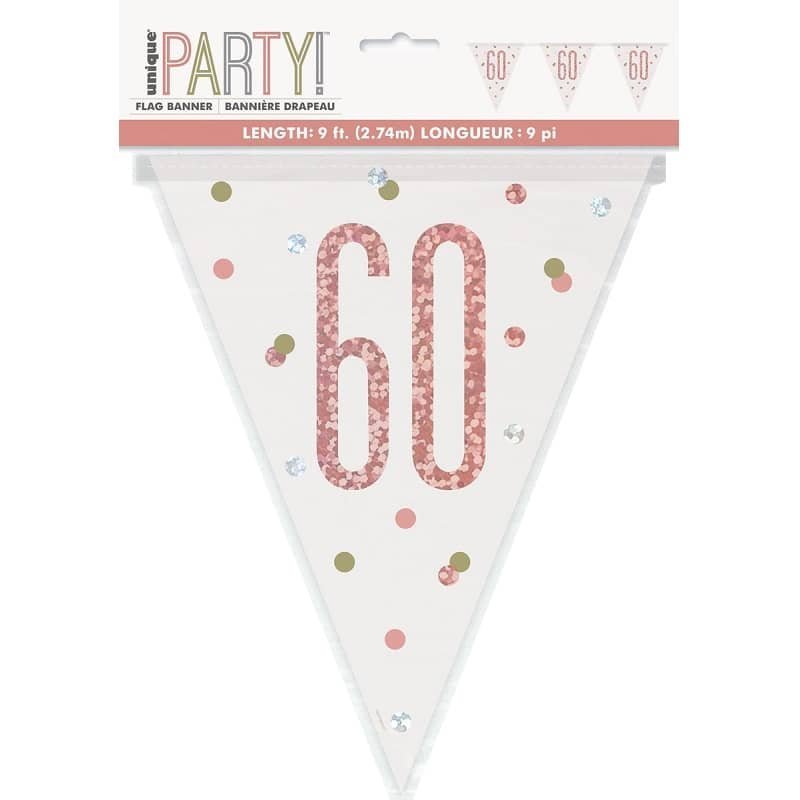 Rose Gold 60th Birthday Prismatic Foil Bunting Flag Banner 2.74M (9')  84843 - Party Owls