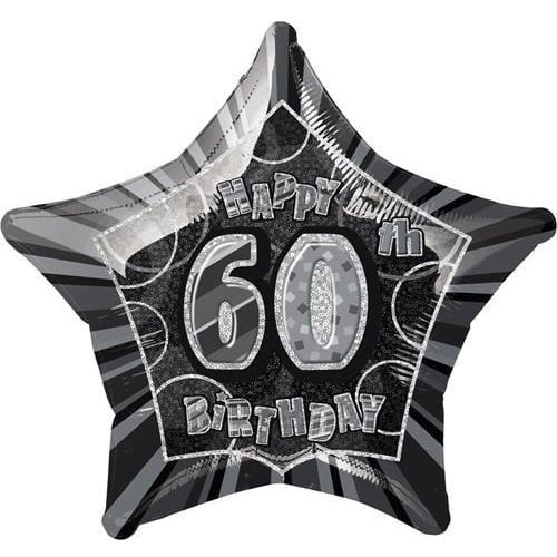 Glitz Black Silver 60th Birthday Star Shape Foil Balloon 50cm (20") 55155 - Party Owls