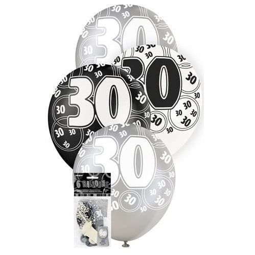 Glitz Black Silver White 30th Birthday Latex Balloons 30cm (12") 6pk   80894 - Party Owls
