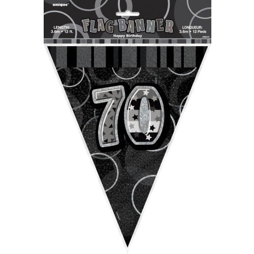 Glitz Black And Silver 70th Birthday Bunting Flag Banner 3.6M (12') 55319 - Party Owls