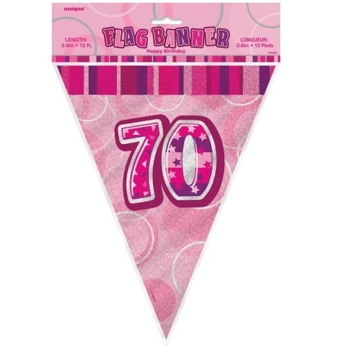 Glitz Pink And Silver 70th Birthday Bunting Flag Banner 3.6M (12') 55299 - Party Owls