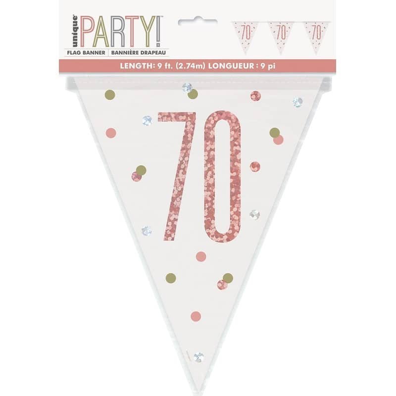 Rose Gold 70th Birthday Prismatic Foil Bunting Flag Banner 2.74M (9')  84845 - Party Owls