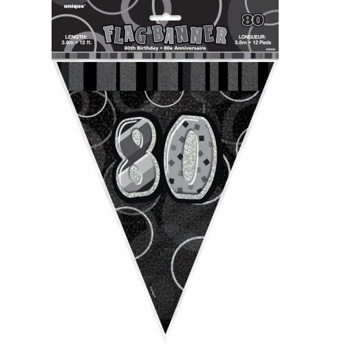 Glitz Black And Silver 80th Birthday Bunting Flag Banner 3.6M (12') 55359 - Party Owls