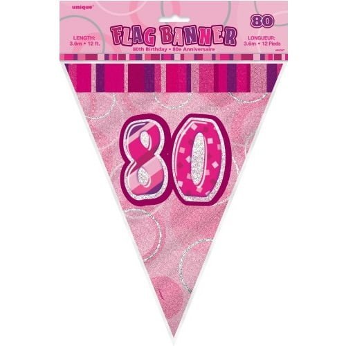 Glitz Pink And Silver 80th Birthday Bunting Flag Banner 3.6M (12') 55357 - Party Owls
