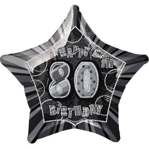 Glitz Black And Silver 80th Birthday Star Shape Foil Balloon 50cm (20") 55935 - Party Owls