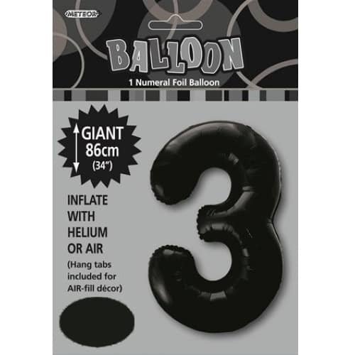 Black Number 3 Giant Numeral Foil Balloon 86CM (34") 48303 - Party Owls
